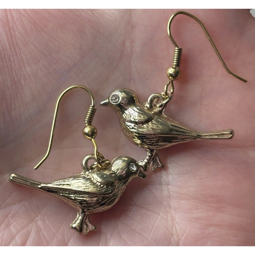 Vintage Bird Earrings Gold Tone Rhinestone Eye Dangle Solid Cast Metal